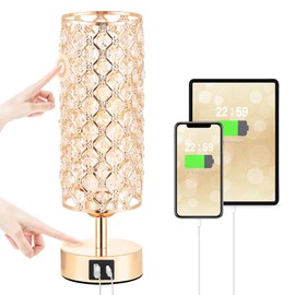 Crystal Table Lamp, Gold Lamp for Bedroom with USB-C USB-A Charging Ports, 3 Way Dimmable Light with Crystal Lampshade, Bedside Lamp Small Touch Light for Girl Room in Gold