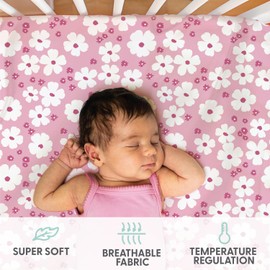 The Peanutshell Floral Crib Sheets for Girls, Fitted Baby Bed Sheet Set, Standard Size Crib Mattress, 52x28, Daisy Wildflower Nursery Decor, 4 Pack in Pink, White