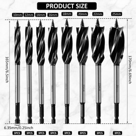 24Pcs Wood Auger Drill Bit Set High-Carbon Steel 4 Flute Cut Spade Paddle Bit Set 10-25mm Self-Tapping Hex Shank Wood Hole Drill Precise Woodworking Deep for Hardwood Plastic(Black, 24PCS)