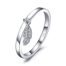 JewelryPalace Vintage Charm Feather Eternity Rings For women, Dangle Leaf 14K Rose Gold Plated 925 Sterling Silver Rings for Her, Anniversary Wedding band Jewellery Gifts L