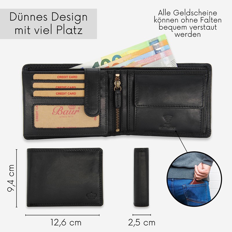 Baur Men's Genuine Leather Wallet with RFID Protection, Landscape Format,