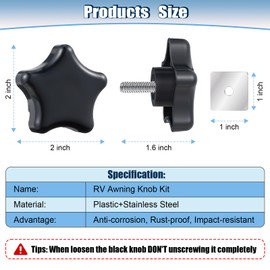 Feekoon Camper RV Awning Brace Knob Replacement Parts with Nut Kit, 2 Packs Black Adjustment Knob Bolt Replacement for A&E RV Awning Accessories (Pentagram Style)