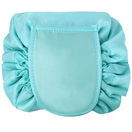 Veyarien Lazy Drawstring Flat Lay Makeup Bag Portable Large Travel Make up Cosmetic Bag Storage Organiser for Women Girl (Blue)