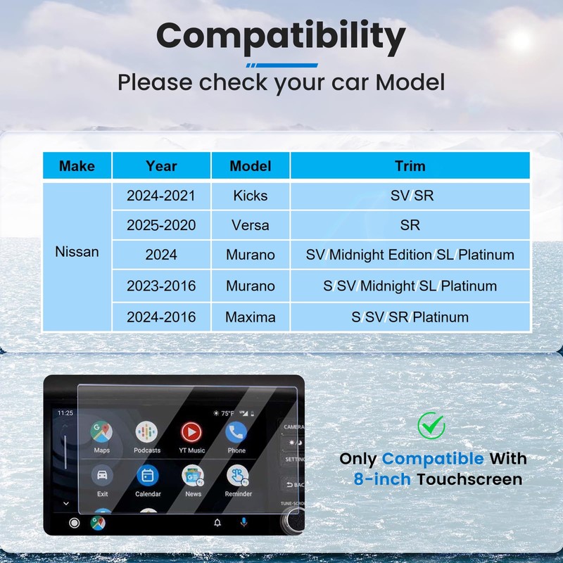 XCNGSUA for 8-In 2024 Maxima Murano Kicks Versa Screen Protector