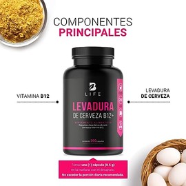 Vitamina B12 con 200 Cápsulas. Ingredientes naturales: Levadura De Cerveza y Vitamina B12. Levadura de Cerveza B12+. B Life