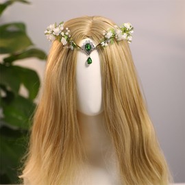MOSTORY Woodland Flower Elf Crown - Handmade Fairy Headpiece Floral Tiara Circlet Forest Crown with Pearls for Women Girls Renaissance Cosplay Party Photo Shoot Wedding
