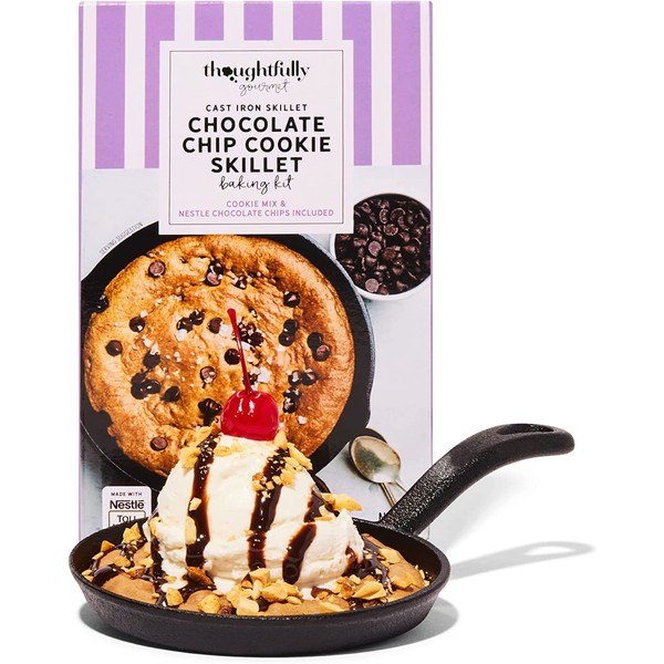 Thoughtfully Gourmet, Cookie Skillet Baking Kit, Made with Nestle Chocolate Chips, Gift Set Includes Single Serve Chocolate Chip Cookie Mix and Reusable Small Cast Iron Skillet