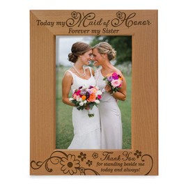 KATE POSH Natural Wood Picture Frame - Maid of Honor, Engraved, 4x6-Vertical, Alder, 6 1/2x8 1/2 inches, Ideal Wedding Gift