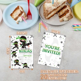 Zmyollo Ninjas Birthday Invitations with Envelopes - 20PCS Kids Birthday Party Invitations for Boys and Girls - Martial Arts Birthday Party Supplies Decorations -39