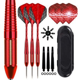 Professional Darts Set 22g,3 Pack Steel Tip Darts Set With Aluminum Shafts(+3 More Spare Shafts) and 2 Style Flights+Rubber O-Rings and Darts Case-Red