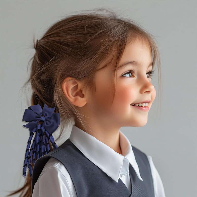 2 Pcs Hair Bow Spiral Streamers,Navy Bow Elastic Hair Bands