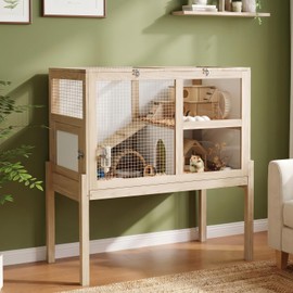Timechee 2-Story Guinea Pig Cage with Wooden Stand, Large Indoor Small Animal House for Rabbit, Hamster, Chinchilla, Guinea Pig Cage with Pull Out Tray and Ramp, Transparent Tempered Glass Habitat
