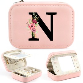 Gift for Women, Small Jewellery Box with Initial Flower, Travel Organiser Box, Jewellery Storage, Travel Jewellery Box, Gift Ideal for Girlfriend, Mum, Birthdays, Valentine's Day, Mother's Day (N)