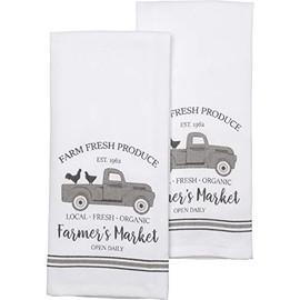 Farmer’s Market Pickup Truck Rooster Chickens Cows Local Honey Mama Bear Kitchen Dishtowel Set of 2 Soft Large Cotton Tea Towels (Market)