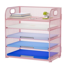 Marbrasse Paper Organizer Letter Tray, 5 Tier Mesh File Organizer with Handle, Paper Sorter Desk Organizer for Home Office Supplies - Pink