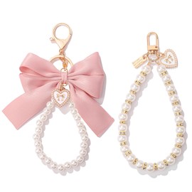 WANSENAMZ 2Pcs Cute Bow Keychain for Women - Ribbon Pearl Keychain for Car Accessories Chrams,Bow Bag Charms for Handbag (Pink Bow+Heart Peal)