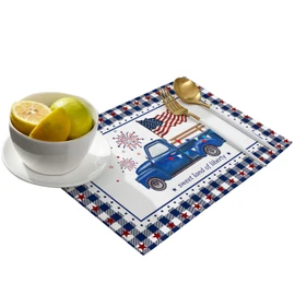 Independence Day Placemats Set of 4,Cotton Linen Heat Resistant Table Mats Washable July 4th Red Blue Check Plaid Blue Truck Firework Placemat for Holiday Banquet Party Dining Kitchen Table Decor