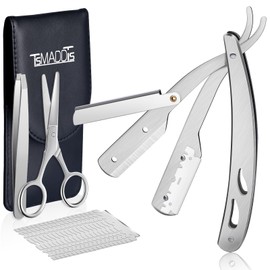 TSMADDTS Professional Straight Razors, Straight Edge Razor Shaving Kit for Men with Silver Straight Blade Razor, 20-Pack Single Edge Blade, Scissors, Tweezers, Leather Blade Holder