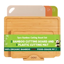 OOU Bamboo Cutting Board for Kitchen, Large Wooden Cutting Board Set with holder. 2 Heavy Duty Cutting Boards and 3 Color Coded Flexible Plastic Cutting Mats, Charcuterie & Chopping Boards For Meat