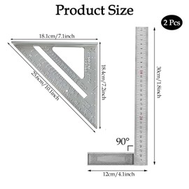7in Metric Triangle Ruler and 12in Square Angle Ruler - Multi-Functional High Precision Carpenters Square Tool Layout Tool Kit