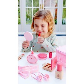 Hape Set di Bellezza Finti Prodotti per Capelli, Unghie e Make up - Cosmetici Giocattolo in Legno per Gioco di Ruolo dai 3 Anni