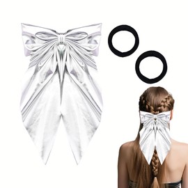 Silver Hair Bow Clip Barrettes For Women Long Tail Bows Ribbon For Hair Big Leather Hair Accessories Leather Bow Tie Long Bows Big Bow With 2PCS