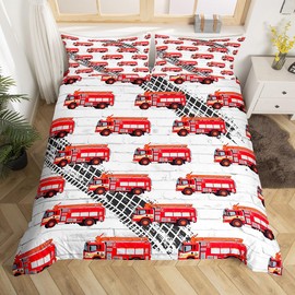 Manfei Fire Truck Duvet Cover Set Single Size, Red Fire Engine Bedding Set 2pcs for Kids Boy Bedroom Decor, Firefighting Truck Fireman Car Comforter Cover Soft Polyester Quilt Cover with 1 Pillowcase