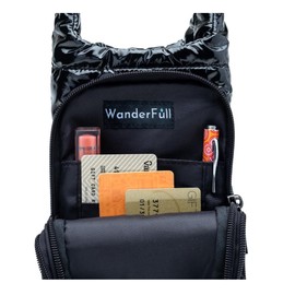 WanderFull Crossbody HydroBag | Quilted Water Bottle Carrier & Strap | Stylish Puffer Tote for Water Bottle | Black Glossy & Black Strap