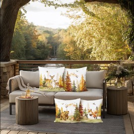 Bonhause Fall Forest Animals Throw Pillow Covers 18 x 18 Inch Watercolor Deer Bear Fox Mountain Birds Woodland Decorative Soft Velvet Cushion Cases for Couch Sofa Bed Decor Set of 4