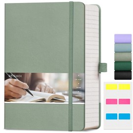 EMSHOI 400 Pages Notebook A5-100gsm Lined Journal Thick Notepad, Hardcover Vegan Leather Ruled Note Book Daily for Women Men Work School Office Writing, Sticky Notes, 14.5 x 21cm, Green