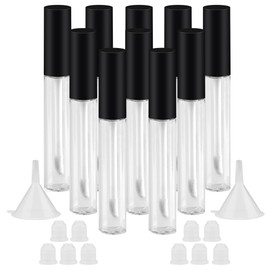 GTHER 10PCS 10ML Empty Lip Gloss Containers Tube & Black Lid & Brush Tip Applicator Wand & Funnel & Rubber Stoppers for DIY Lip Refillable Makeup, Black