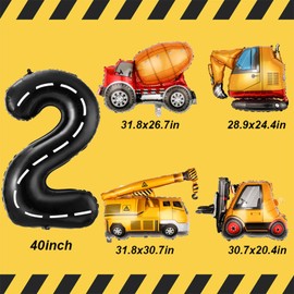 Construction Birthday Decorations 2 Year Old, Large Construction Balloons 40Inch Racetrack Black Number 2 Balloons Construction Truck Foil Balloons for Boys 2nd Construction Birthday Party Supplies