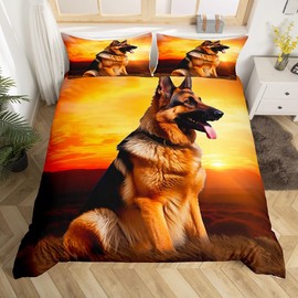Feelyou Dog Print Duvet Cover 3D German Shepherd Puppy Print Bedding Set for Kids Boys Girls Children Pet Animal Theme Comforter Cover Ultra Soft Brown Decor Bedspread Cover King Size Zipper