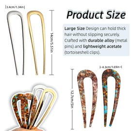 4 PCS French Hair Pin, Large Size U Shaped Hair Pins, Metal & Acetate Hair Pins for Women, Secure Hold for Thick Hair, Gold Silver Hair Clips, Versatile & Fashionable Hairpin for Everyday Style