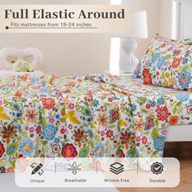 MEISHANG Extra Deep Pocket Queen Sheets-Floral Sheets Queen Size-Fit Up to 18"-24" Mattress-1800 Luxury Microfiber Bed Sheets Cooling Ultra Soft Breathable Wrinkle Free(Spring Flower)