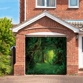 hraiufc Green Forest Garage Door Cover Banner Decorations Backdrop 7x8ft Spring Green Jungle Rainforest Landscape Garage Door Cover Outdoor Birthday Party Baby Shower Camping Garage Door Decorations
