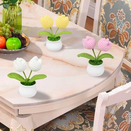 3Pcs Finished Hand Woven Woolen Yarn Tulip Flowers Crochet Padded Flowers Tulip Flower Knitted Crochet Flowers in Pot for Home Office Table Car Dash Decor,White+Pink+Yellow
