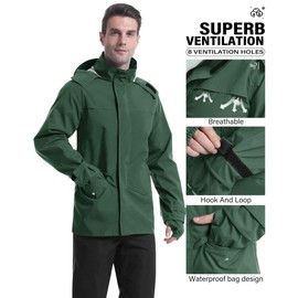 iCreek Rain Suit Waterproof Jacket with Pants 2 Pieces Breathable Lightweight Packable Raincoat with Hooded Rain Gear Unisex（XXL, Dark Green）