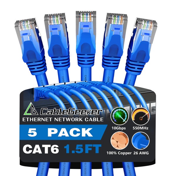 CableGeeker Cat 6 Ethernet Cable 1.5 ft (5-Pack) - Cat6