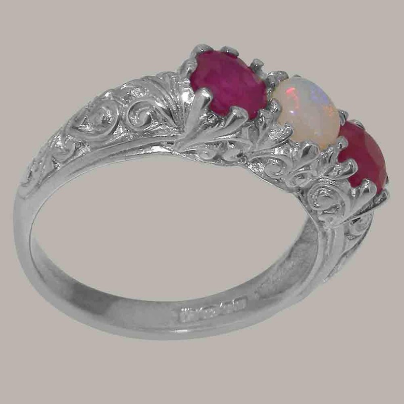 925 Sterling Silver Womens ring Natural Opal & Ruby Anniversary