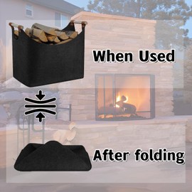 Felt Firewood Basket with Wooden Handle, Extra Thick Firewood Bag for Indoor Outdoor Fireplace, Felt Firewood Basket Bag Foldable Felt Basket for Wood, Newspaper, Firewood or Shopping(XL)