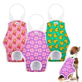 Docuwee Dog Diapers Sanitary Panties with Adjustable Suspender 3 Pack Washable Reusable Dog Period Panties Pet Underwear Diaper Jumpsuits for Female Dogs in Heat Period, Duck Pig Dog Pattern, M