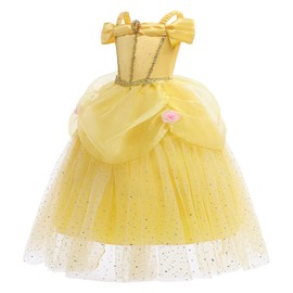 CinheyU - Vestido de cumpleaños de princesa Belle para niñas, disfraz de bella y la bestia, vestido de fiesta de Navidad con mangas de brazo, 5-6T