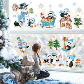 wondever Penguins Christmas Wall Stickers Snowman Pine Tree Snowflakes Christmas Window Wall Art Decals for Christmas Party Window Xmas Home Party