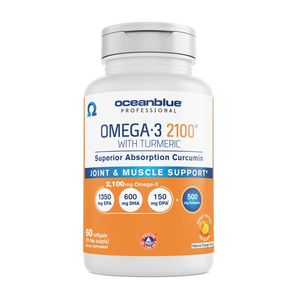 Oceanblue Omega-3 2100 with Turmeric – 60 ct – Triple Strength Burpless Fish Oil Supplement with High-Potency EPA and DHA, and Turmeric for Joints – Orange Flavor (20 Servings)