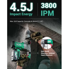 DCA 20V MAX Cordless Heavy Duty Rotary Hammer Drill, 4.5 Joule, 3800BPM, 1-1/8 Inch SDS-Plus, Brushless Rotary Hammer Drill (Only Tool)