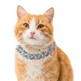 Halukakah Gold Chain Iced Out for Cat, Diamond Cuban Necklace Collar 14 mm Platinum White Gold Plated Blue Diamonds 20 cm Size with Free Gift Box, Decoration Only