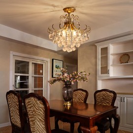 peskoe Gold Crystal Chandelier Ceiling Light, Luxury Crystal Semi Flush Mount Ceiling Lighting Fixture for Dining Room Bedroom Hallway Bar Kitchen, H 17.7'' x W 18.1''