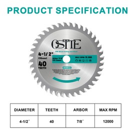 OSTTE 4-1/2 Inch Circular Saw Blade 40T, 7/8 Inch Arbor, Alternate Top Bevel Saw Blades for Cutting Wood, 3 Pack