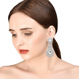 Touchstone Indian Bollywood white Rhinestone bridal chandelier designer jewelry earrings for women in silver tone